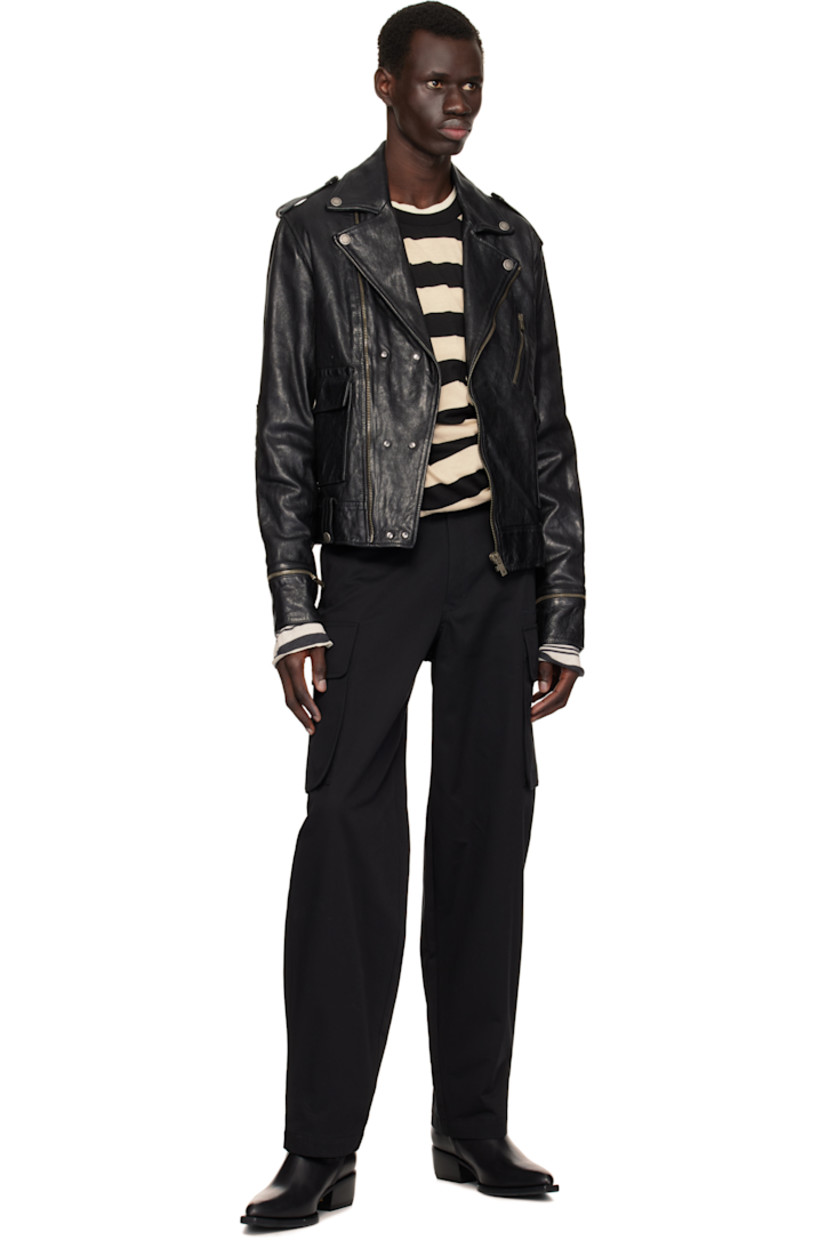 Crinkled nappa sheepskin jacket. 

· Press-stud fastening at notched lapel
· Off-set zip and press-stud closure
· Flap pockets
· Press-stud belt loops at hem
· Press-stud epaulettes
· Quilted elbow patches
· Detachable zip panel at cuffs
· Logo hardware at back collar
· Zip vent and quilted panel at back hem
· Welt pockets at interior
· Full quilted satin lining

Part of the Journey collection.

Supplier color: Black
