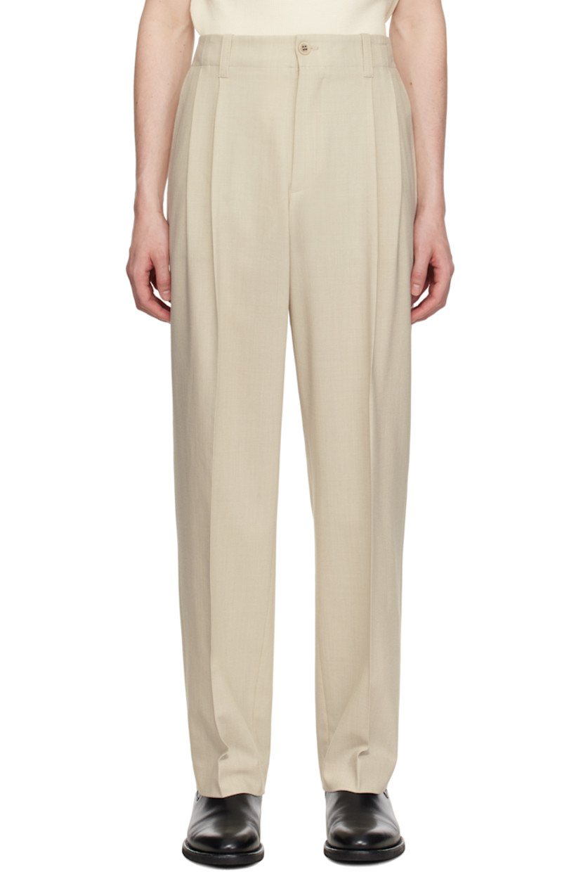 Loose-fit virgin wool- and cotton-blend delaine trousers.

· Belt loops at partially elasticized waistband
· Four-pocket styling
· Zip fly
· Pleats at front
· Creased legs
· Logo hardware at back
· Horn hardware

Part of the Journey collection.

Supplier color: Khaki