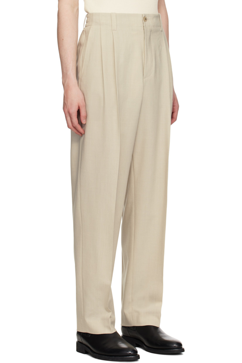 Loose-fit virgin wool- and cotton-blend delaine trousers.

· Belt loops at partially elasticized waistband
· Four-pocket styling
· Zip fly
· Pleats at front
· Creased legs
· Logo hardware at back
· Horn hardware

Part of the Journey collection.

Supplier color: Khaki