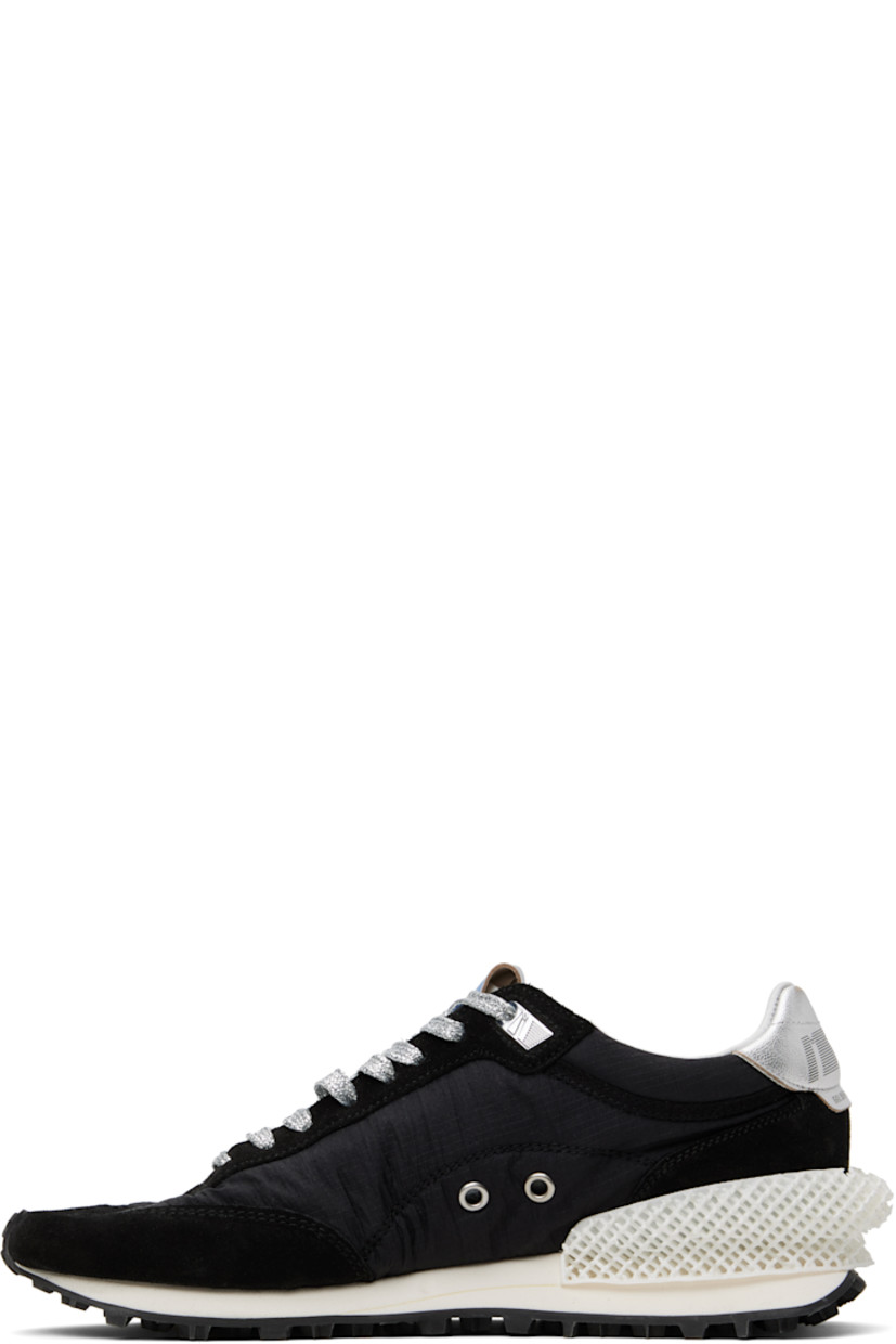 Handcrafted low-top ripstop and suede sneakers in black and silver.

· Distressing throughout
· Lace-up closure
· Logo flag at padded tongue
· Padded collar
· Signature star printed at outer side
· Eyelets at inner side
· Logo printed at nappa sheepskin heel tab
· 3D-printed heel stabilizer
· Buffed leather, sheepskin suede, and jersey lining
· Foam rubber midsole
· Treaded rubber sole

Supplier color: Black/Silver