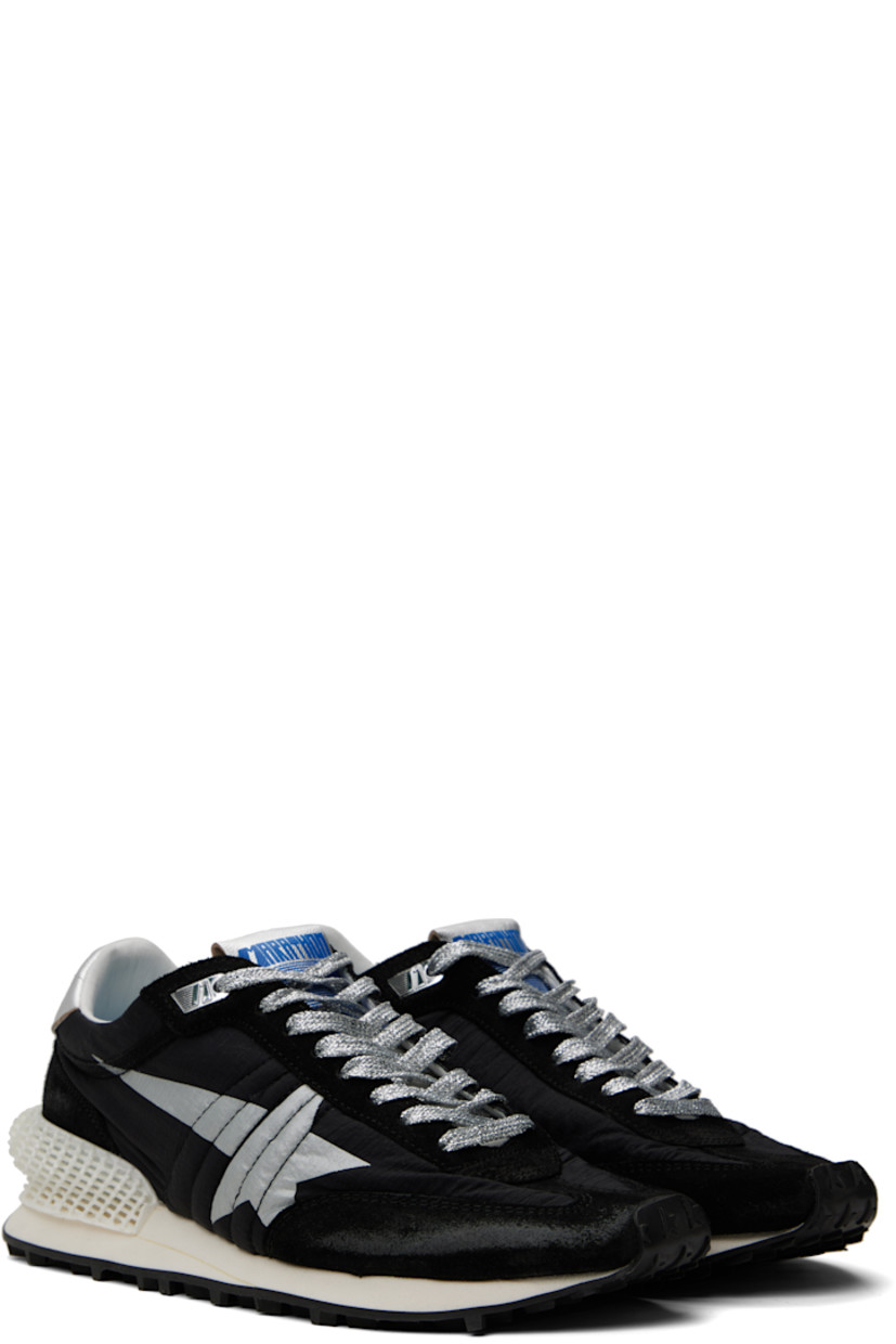 Handcrafted low-top ripstop and suede sneakers in black and silver.

· Distressing throughout
· Lace-up closure
· Logo flag at padded tongue
· Padded collar
· Signature star printed at outer side
· Eyelets at inner side
· Logo printed at nappa sheepskin heel tab
· 3D-printed heel stabilizer
· Buffed leather, sheepskin suede, and jersey lining
· Foam rubber midsole
· Treaded rubber sole

Supplier color: Black/Silver