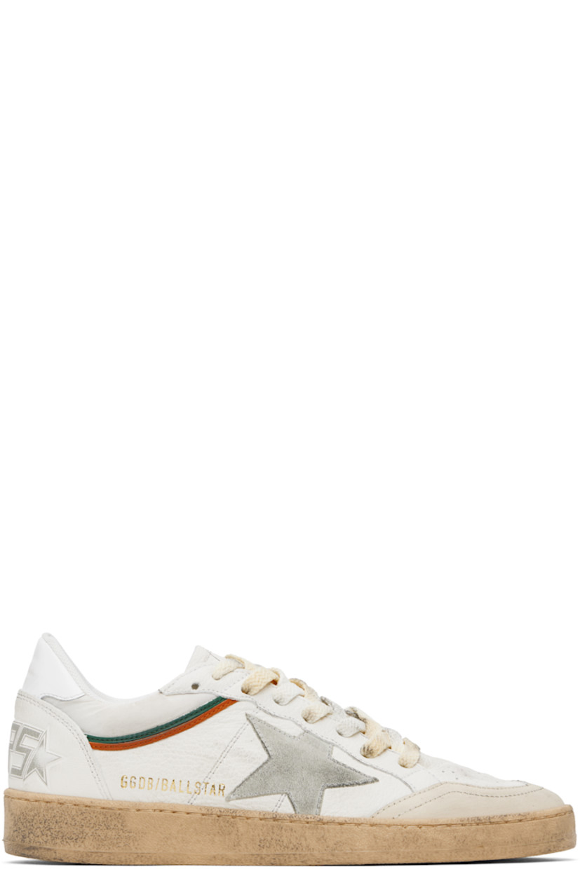 Handcrafted low-top nappa lambskin and buffed leather sneakers in white and beige.

· Smudging and subtle distressing throughout
· Perforations at toe
· Lace-up closure
· Text and logo printed at tongue
· Padded collar
· Star appliqué and logo stamp at outer side
· Text embossed at heel counter
· Suede, mesh, and terrycloth lining
· Treaded rubber sole

Supplier color: White/Beige/Ice/Green/Orange