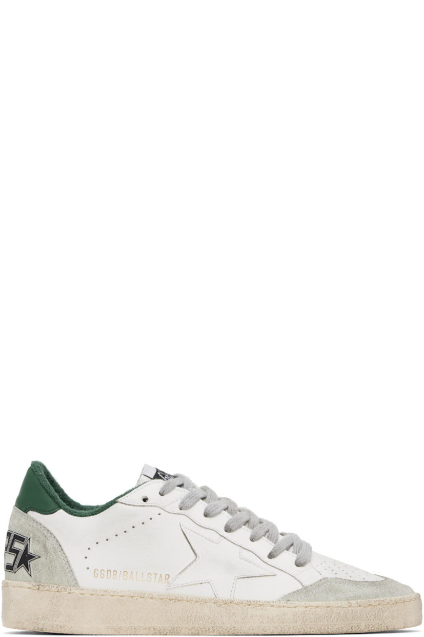 Handcrafted low-top buffed nappa sheepskin and suede sneakers in white and green.

· Smudging and perforated detailing throughout
· Lace-up closure
· Logo patch at padded tongue
· Padded collar
· Logo stamp and star appliqué at outer side
· Text printed at heel counter
· Grained leather and terrycloth lining
· Treaded rubber sole

Supplier color: White/Ice/Green