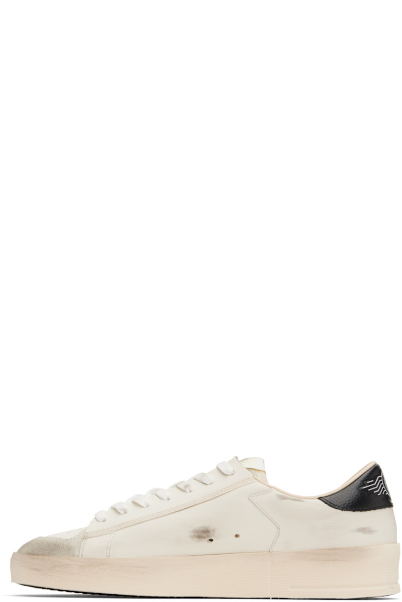 Handcrafted low-top paneled grained leather, suede, and ripstop sneakers in white.

· Smudging and subtle distressing throughout
· Perforations at toe and inner side
· Lace-up closure
· Logo flag at padded tongue
· Padded collar
· Logo stamp and star appliqué at outer side
· Logo printed at outer side and heel tab
· Buffed leather, suede, and terrycloth lining
· Logo embossed at foam rubber midsole
· Treaded rubber sole

Supplier color: White/Silver/Black/Green