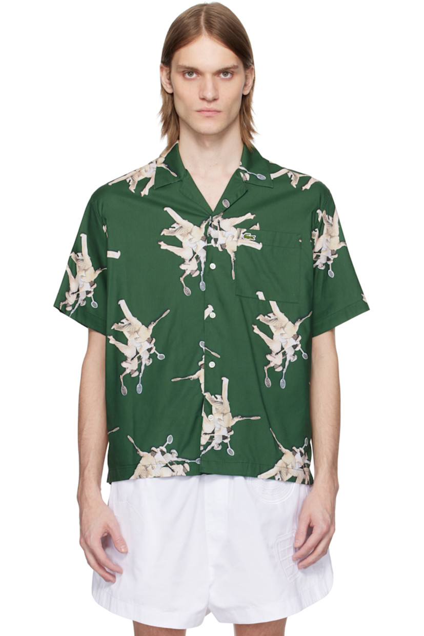 Cotton- and viscose-blend twill shirt. Graphic pattern printed throughout. 

· Open spread collar
· Button closure
· Embroidered logo patch at patch pocket
· Vent at side seams
· Mother-of-pearl hardware

Supplier color: Pine green