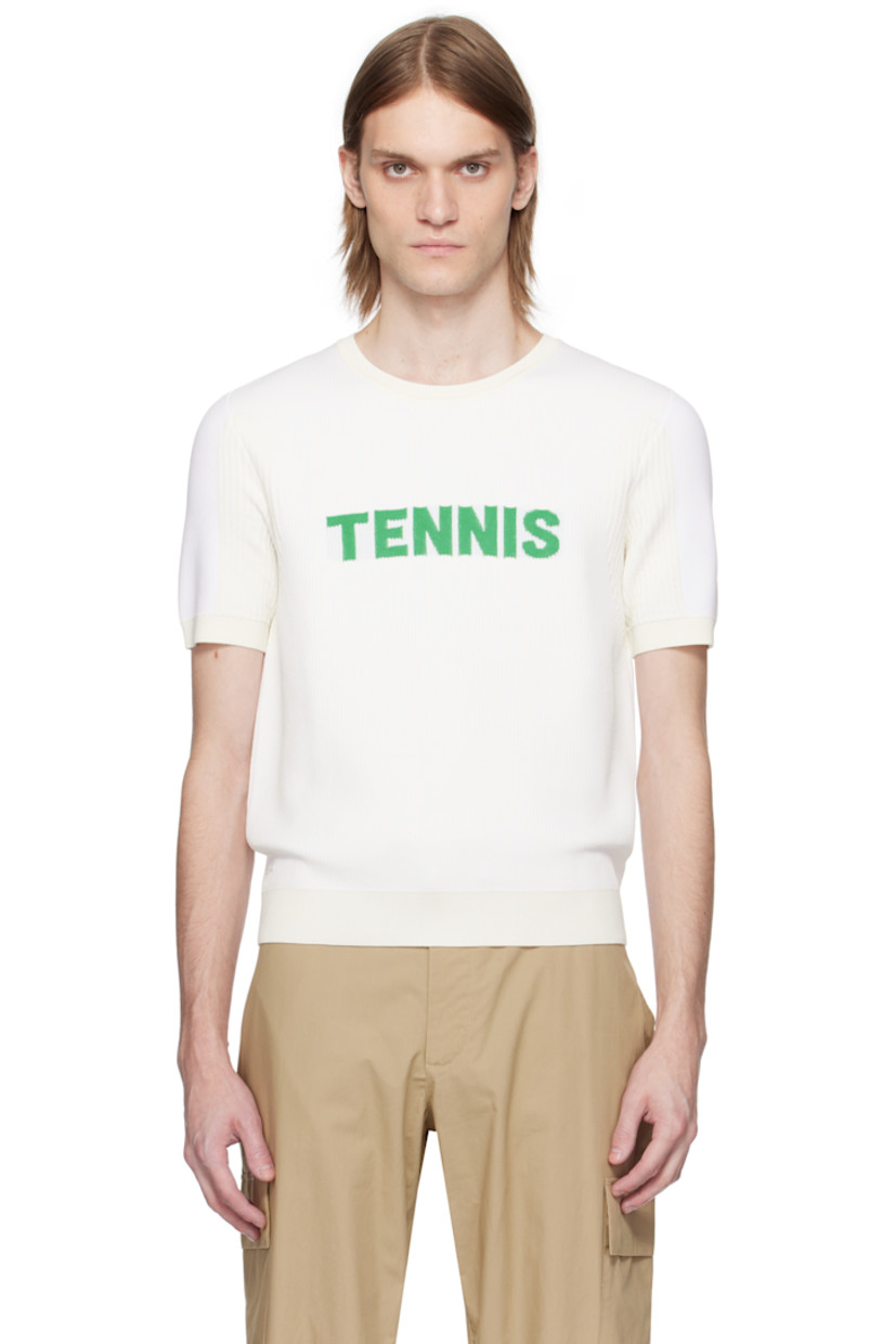 Rib-knit rayon- and nylon-blend T-shirt. 

· Crewneck
· Jacquard text at chest
· Logo patch at front hem

Supplier color: White/Green