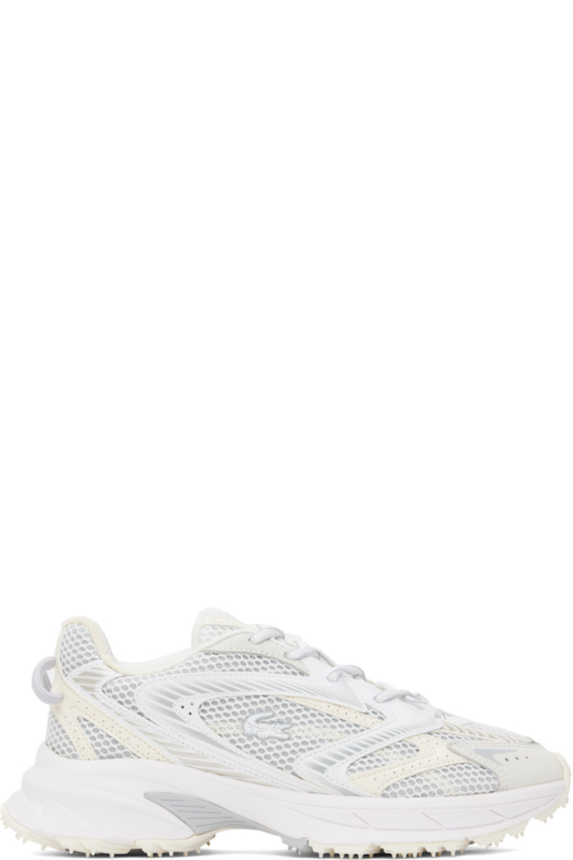 Low-top mesh, nubuck, and faux-leather sneakers in white.

· Perforations and reflective trim throughout
· Logo-embossed rubber trim at toe
· Lace-up closure
· Logo patch at padded tongue
· Padded collar
· Rubberized logo patch at outer side
· Pull-loops at heel tab
· Mesh lining
· Textured foam rubber midsole
· Treaded rubber sole

Supplier color: Wht/Off wht