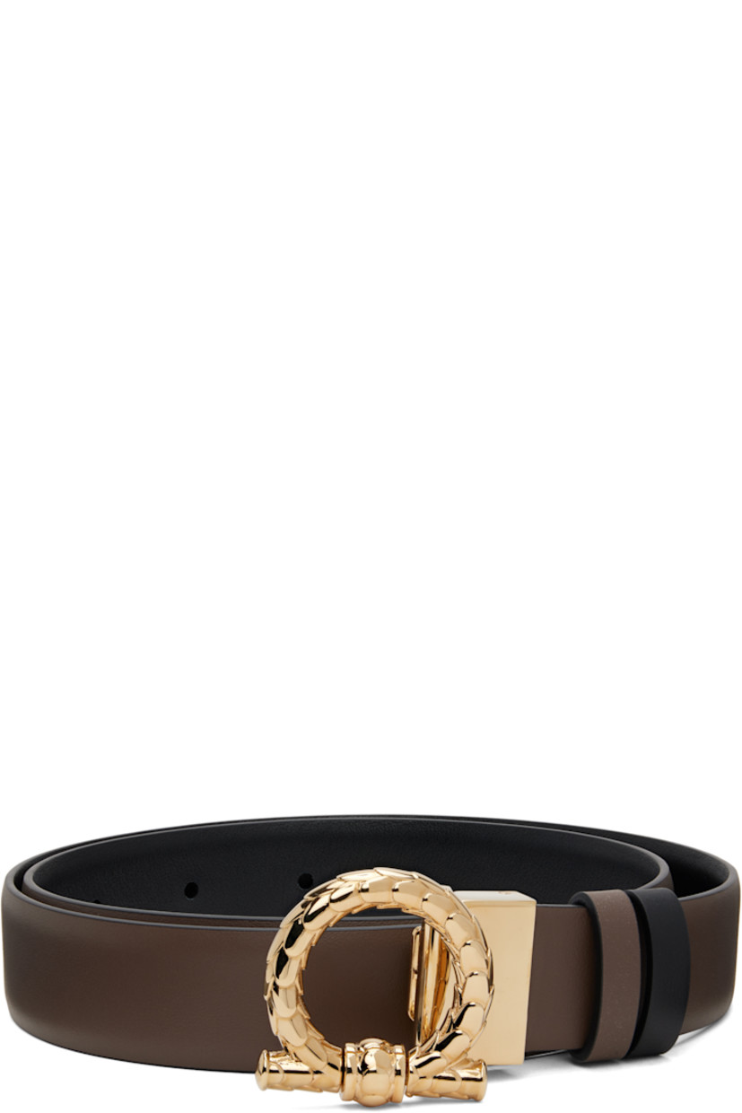 Reversible buffed calfskin belt.

Reverse in black buffed calfskin.

· Keeper loops at length
· Textured logo hardware at post-stud fastening 
· Gold-tone hardware
· W1"

Supplier color: Clay/Nero