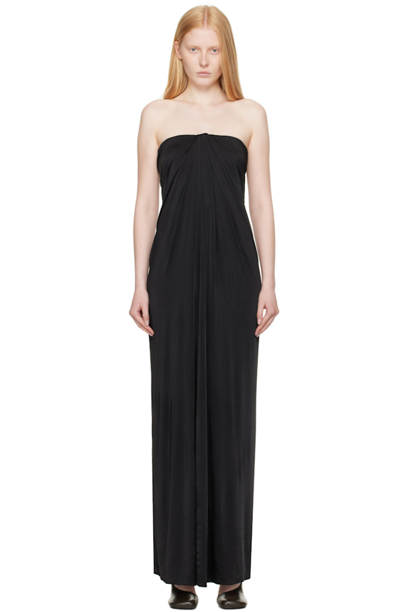 Stretch viscose jersey maxi dress.
 
· Straight neck
· Gathering at chest 
· Boning at bodice 
· Zip closure at back 

Supplier color: Black