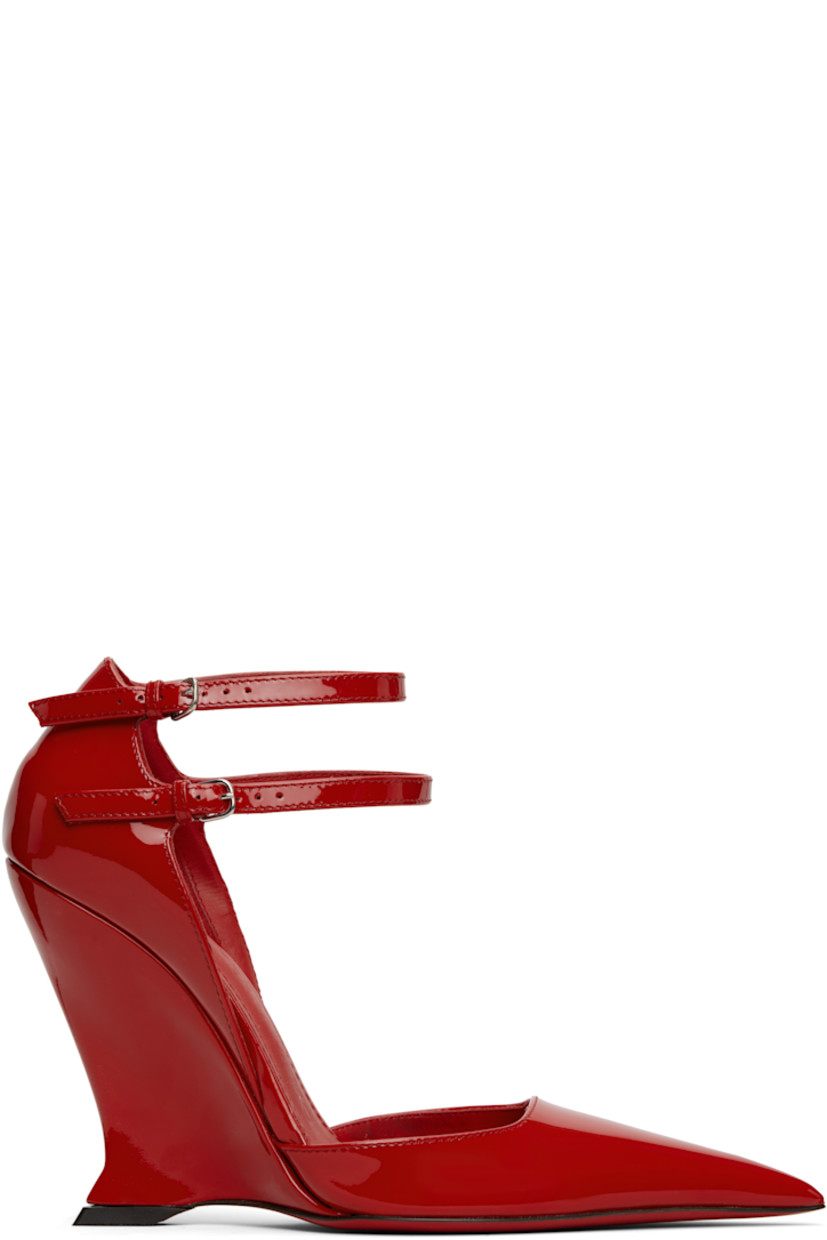 Patent calfskin heels in red. 

· Pointed toe 
· Pin-buckle ankle straps
· Goatskin lining 
· Covered wedge heel with rubber injection
· Leather sole 
· Silver-tone hardware 
· Heel: H4"

Supplier color: Flame red flame