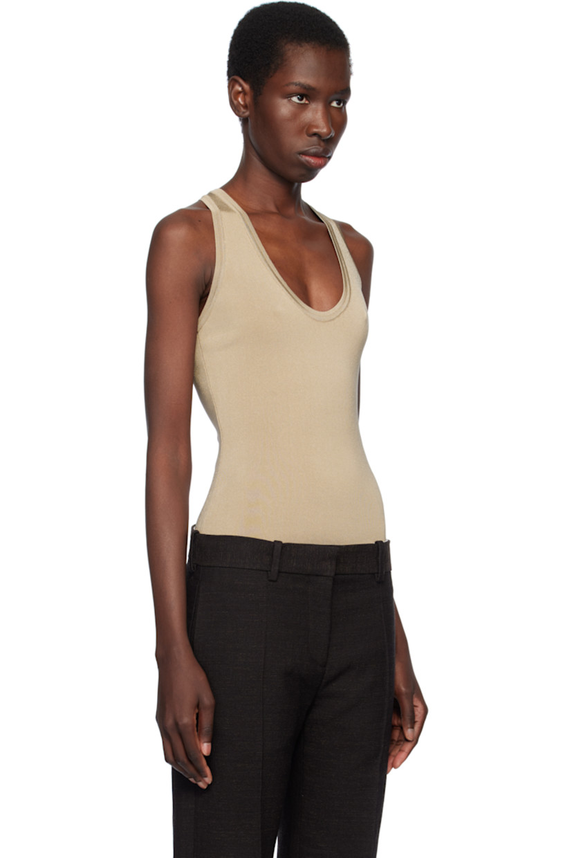 Knit stretch viscose-blend bodysuit. 

· Scoop neck 
· Adjustable hook-eye fastening at bottom
· Racer back

Supplier color: Safari green