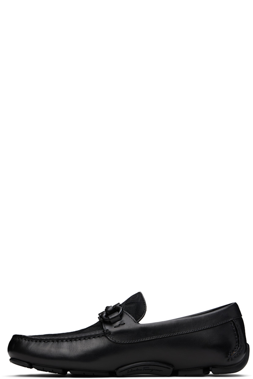 Lightweight buffed calfskin and twill loafers in black. 

· Hand-stitched detailing throughout
· Moc toe
· Jacquard logo pattern at vamp
· Strap with logo hardware
· Buffed calfskin lining
· Treaded rubber sole

Supplier color: Black