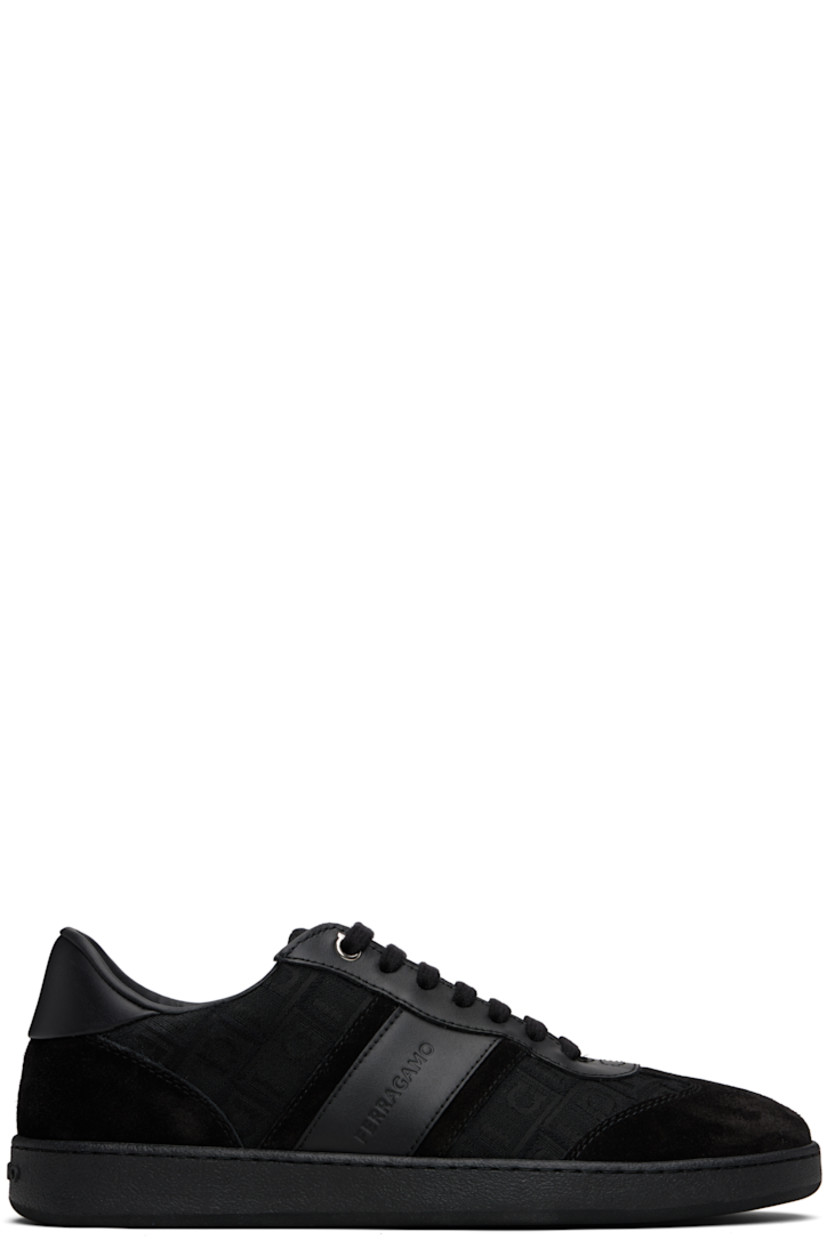 Low-top canvas and suede sneakers. 

· Jacquard logo pattern throughout 
· Lace-up closure
· Logo embossed at padded tongue
· Padded collar
· Buffed leather trim at sides
· Logo embossed at outer side
· Logo embossed at heel 
· Treaded rubber sole 

Supplier color: Black