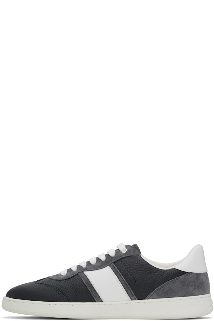 Low-top paneled calfskin suede and grained calfskin sneakers in gray and white.

· Lace-up closure
· Logo embossed at tongue, outer side, and heel
· Padded tongue and collar
· Mesh lining
· Crêpe rubber midsole
· Treaded rubber sole

Supplier color: Stromboli sand/Optic white