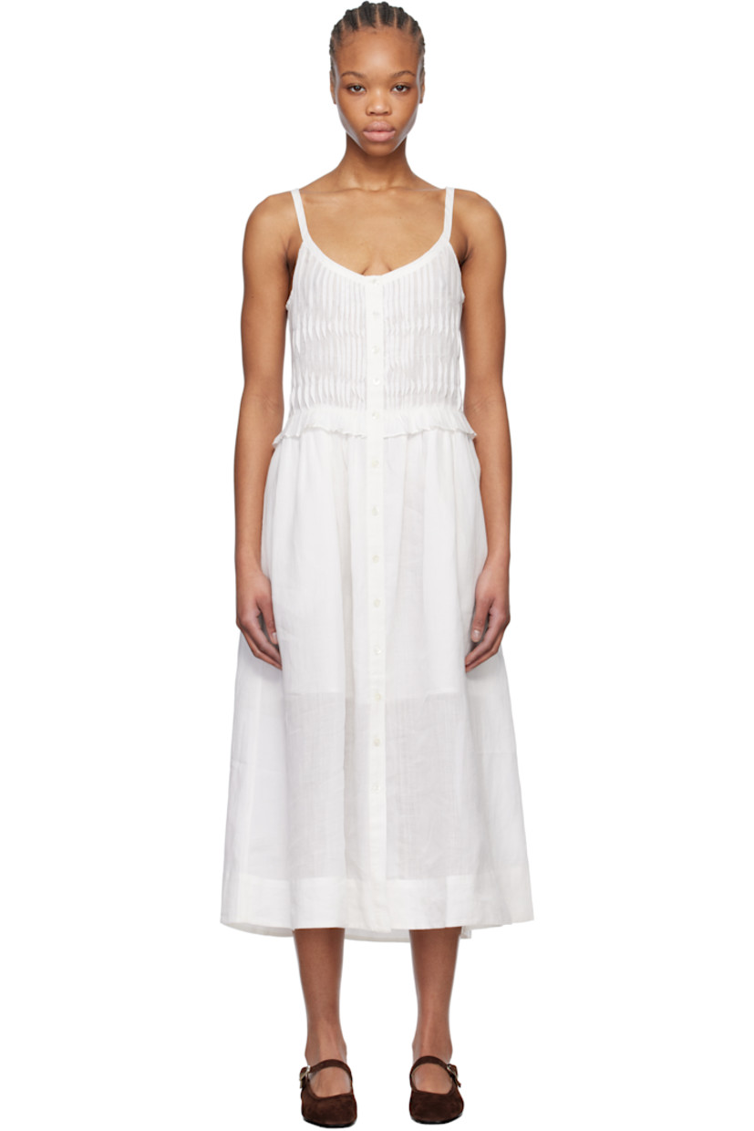 Semi-sheer ramie gauze midi dress.

· Scoop neck
· Button closure at front
· Pintucks at bust
· Ruffled edge and gathering at waist
· Fixed shoulder straps
· Partial plain-woven cotton lining
· Logo-engraved mother-of-pearl hardware

Supplier color: Pearl