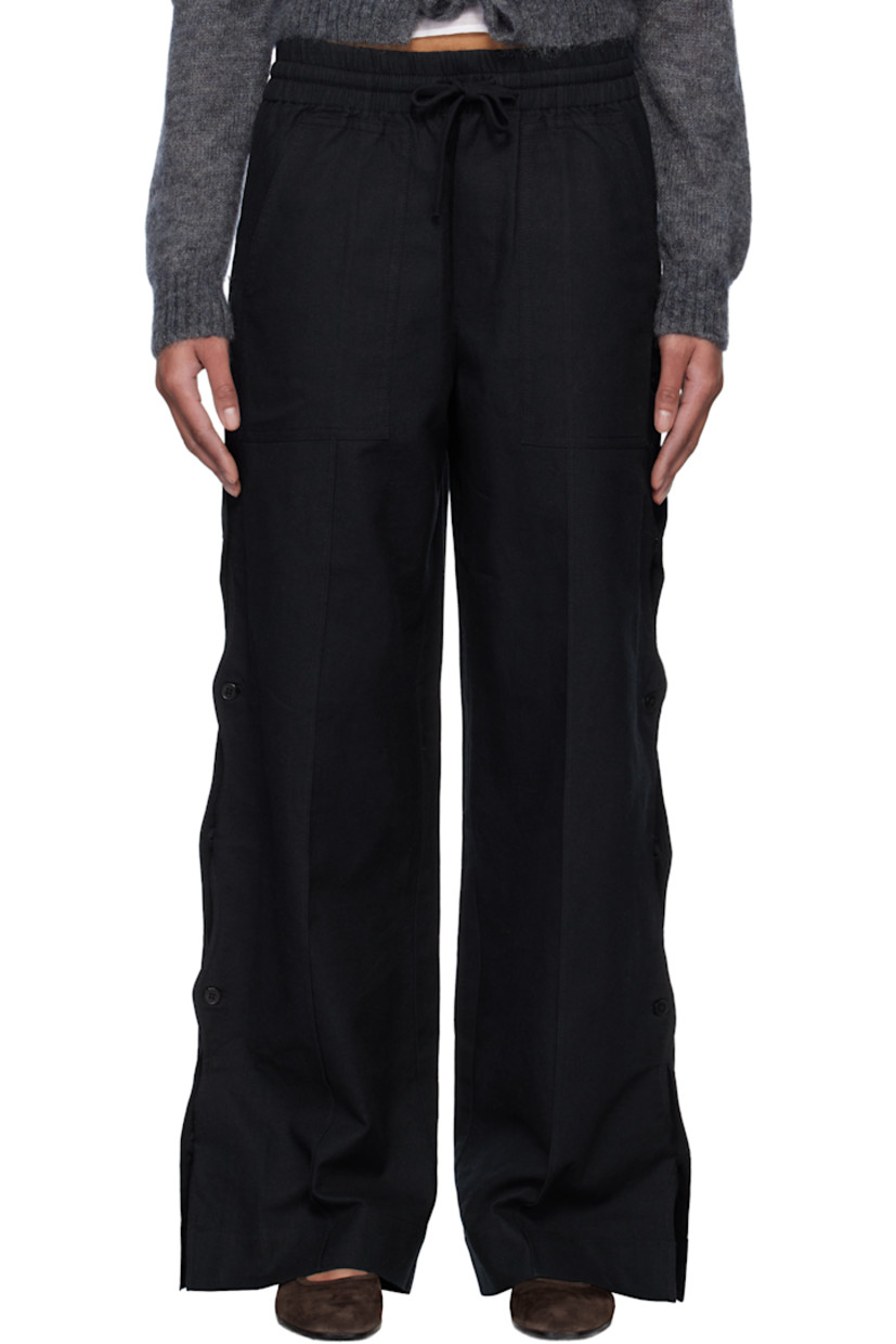 Relaxed-fit plain-woven cotton- and linen-blend trousers.

· Drawstring at elasticized waistband
· Four-pocket styling
· Mock fly
· Button vent and scalloped edge at outseams

Supplier color: Black