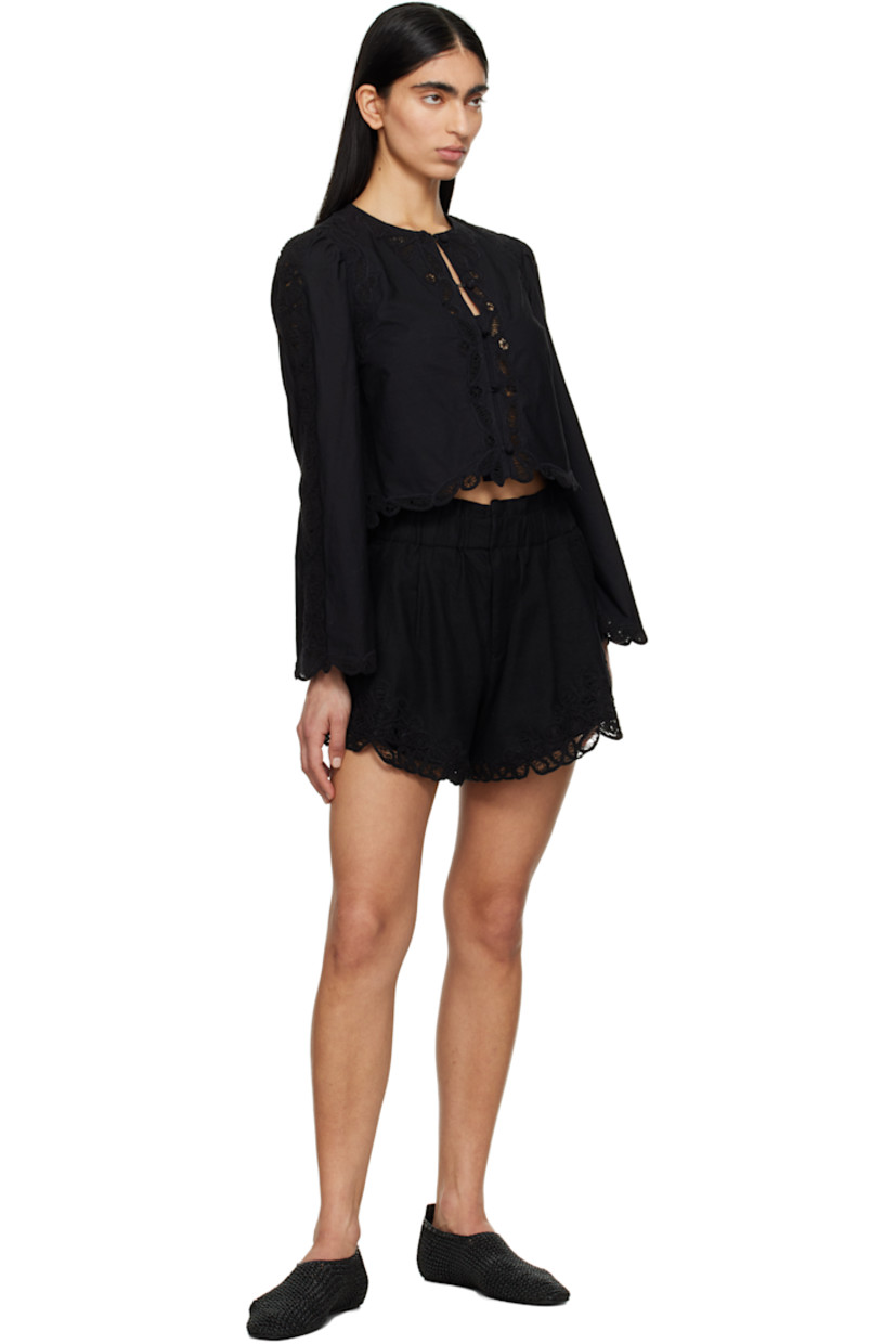 Plain-woven cotton- and linen-blend shorts. 

· High-rise 
· Elasticized waistband
· Four-pocket styling
· Zip fly 
· Embroidered soutache detailing at cuffs
· Full plain-woven lining

Supplier color: Black