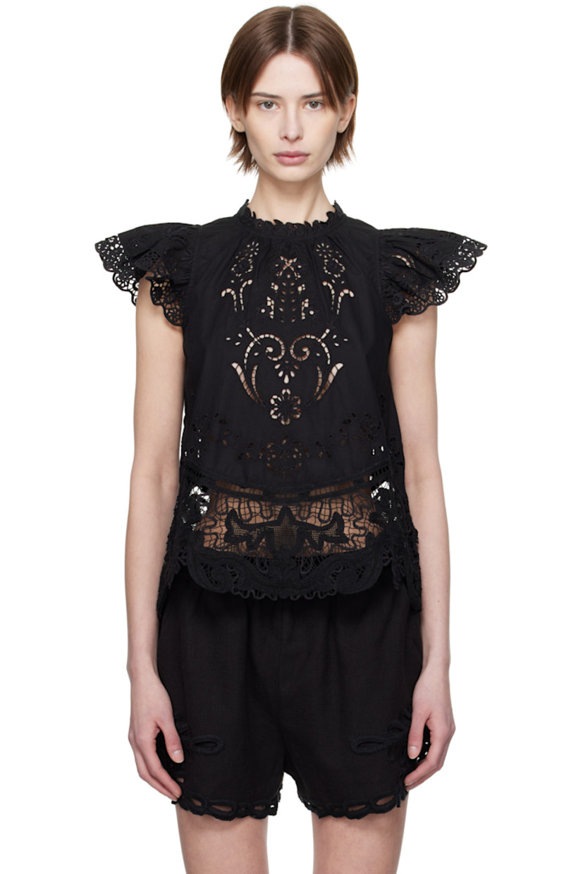 Semi-sheer cotton poplin blouse. Scalloped edges, lace trim, and broderie anglaise detailing throughout.

· Crewneck
· Cap sleeves
· Zip closure at back

Supplier color: Black