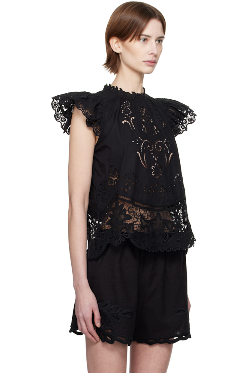 Semi-sheer cotton poplin blouse. Scalloped edges, lace trim, and broderie anglaise detailing throughout.

· Crewneck
· Cap sleeves
· Zip closure at back

Supplier color: Black
