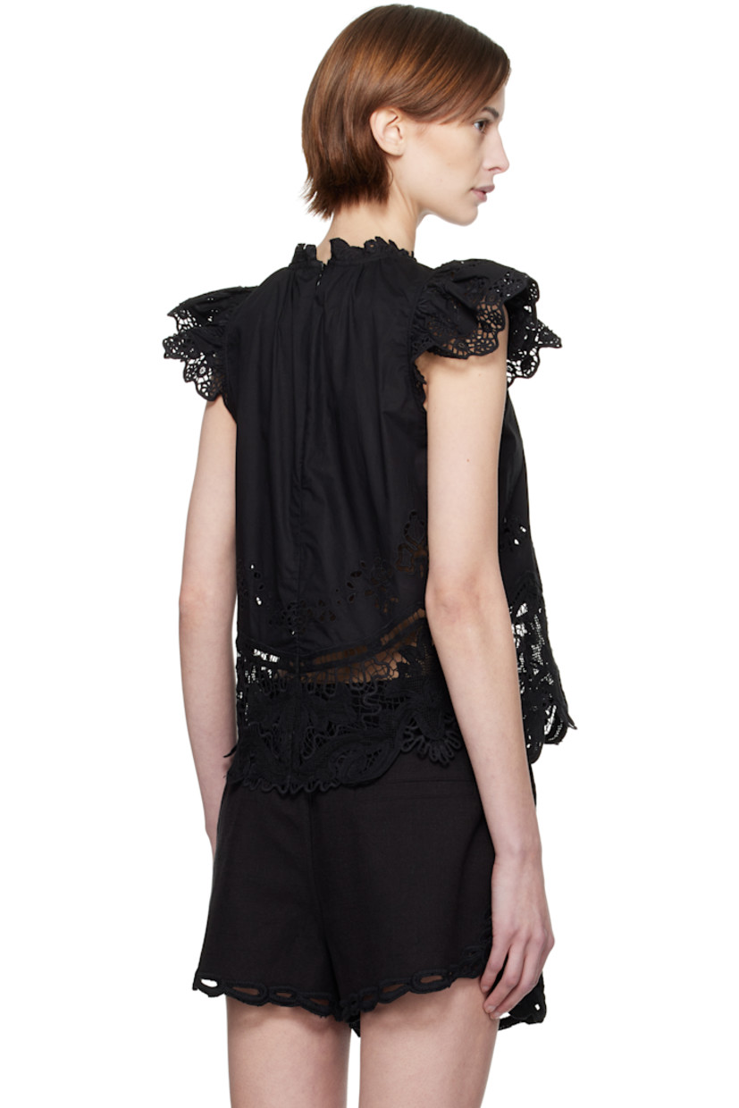 Semi-sheer cotton poplin blouse. Scalloped edges, lace trim, and broderie anglaise detailing throughout.

· Crewneck
· Cap sleeves
· Zip closure at back

Supplier color: Black
