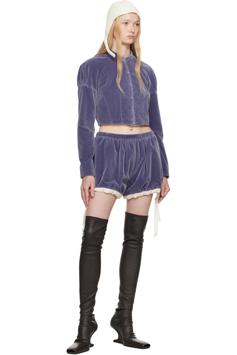 Cotton velvet bloomers. Gathering throughout.

· Two-pocket styling
· Drawstring and exposed lining at cuffs
· Zip closure at side seam
· Full cotton poplin lining

Supplier color: Periwinkle