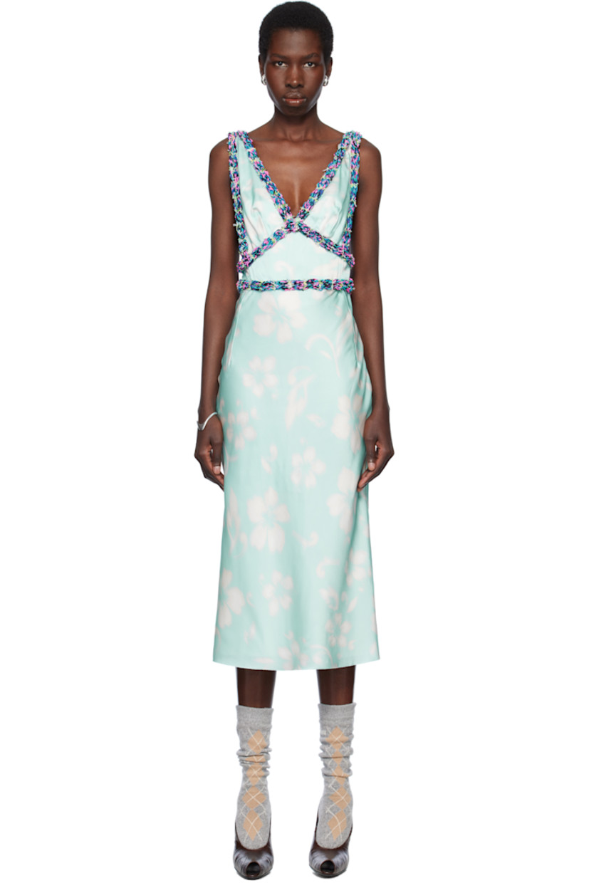 Silk satin midi dress. Floral pattern and woven trim with loose thread detailing throughout. 

· V-neck
· Adjustable shoulder straps
· Low back
· Full satin lining

Available exclusively at SSENSE. 

Supplier color: Aqua