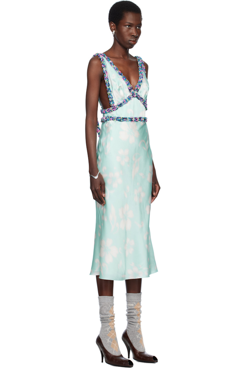 Silk satin midi dress. Floral pattern and woven trim with loose thread detailing throughout. 

· V-neck
· Adjustable shoulder straps
· Low back
· Full satin lining

Available exclusively at SSENSE. 

Supplier color: Aqua