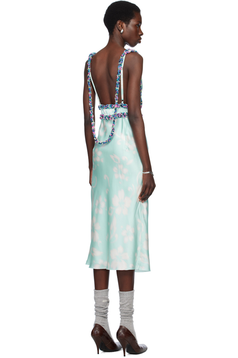 Silk satin midi dress. Floral pattern and woven trim with loose thread detailing throughout. 

· V-neck
· Adjustable shoulder straps
· Low back
· Full satin lining

Available exclusively at SSENSE. 

Supplier color: Aqua