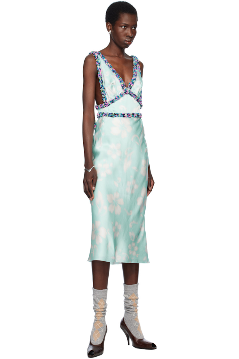 Silk satin midi dress. Floral pattern and woven trim with loose thread detailing throughout. 

· V-neck
· Adjustable shoulder straps
· Low back
· Full satin lining

Available exclusively at SSENSE. 

Supplier color: Aqua