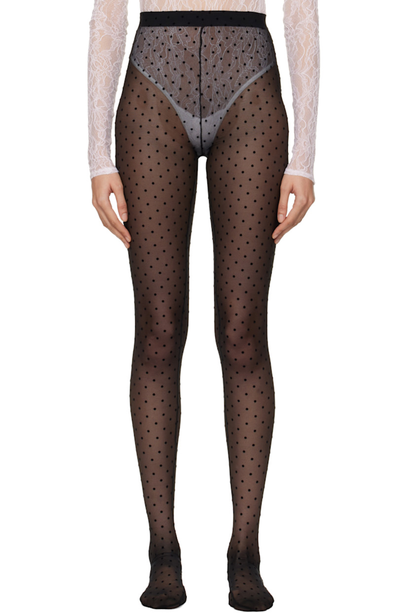 Sheer stretch nylon mesh tights. 

· Polka dot pattern flocked throughout
· Elasticized waistband

Supplier color: Black