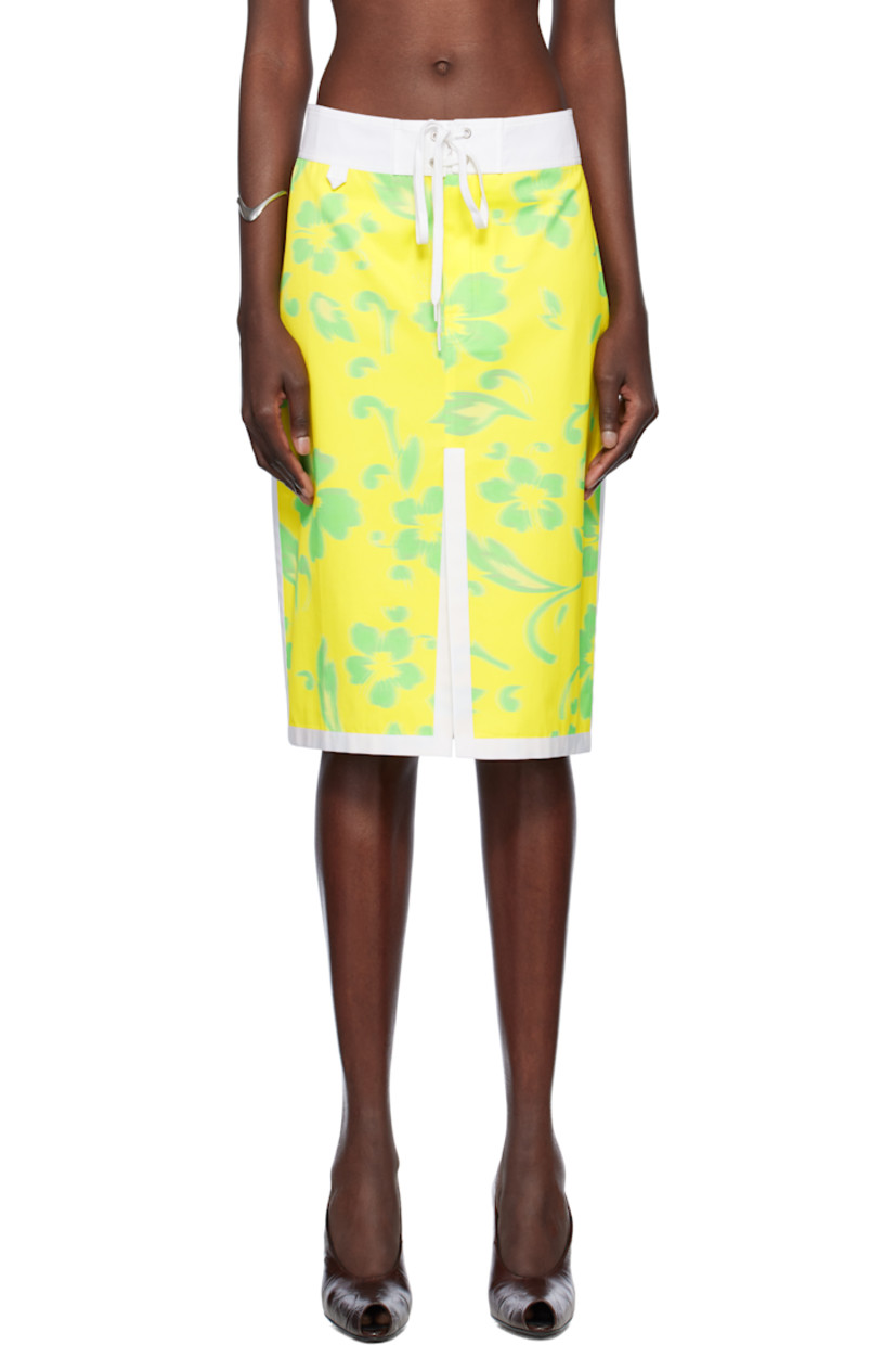 Viscose- and cotton-blend sateen midi skirt. Poplin trim and printed floral pattern throughout. 

· Lace-up closure and locket loop at waistband
· Central slit at front hem
· Flap pocket with eyelets at back 

Supplier color: Yellow