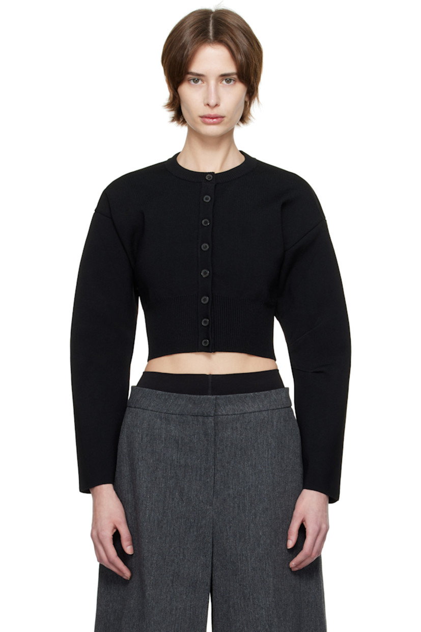 Rib-knit viscose-blend cardigan.

· Crewneck
· Button closure
· Cropped hem
· Dropped shoulders
· Pleats at sleeves

Supplier color: Black