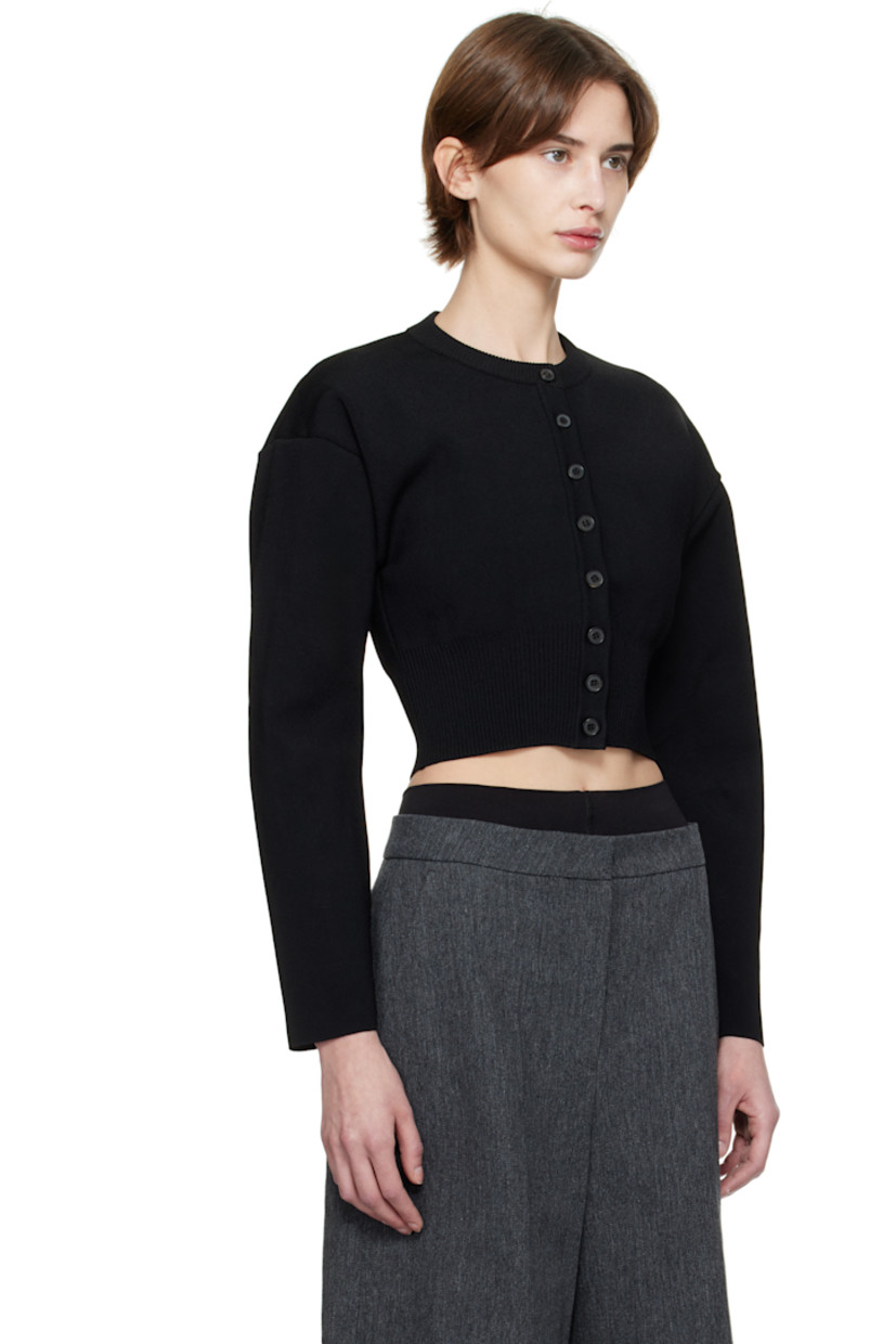 Rib-knit viscose-blend cardigan.

· Crewneck
· Button closure
· Cropped hem
· Dropped shoulders
· Pleats at sleeves

Supplier color: Black