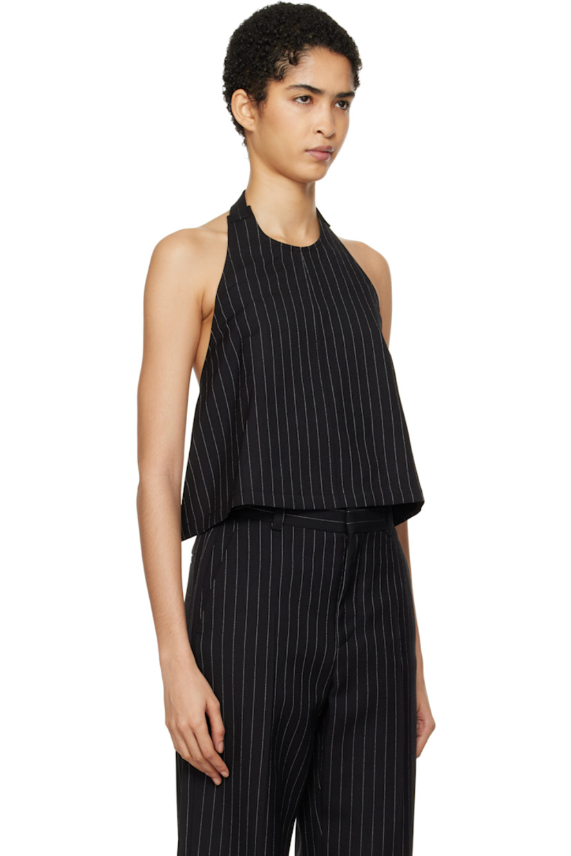 Wool twill top. Pinstripes throughout. 

· Pin-buckle halter strap at round neck
· Central seam at front
· Pin-buckle strap at open back
· Full viscose twill lining

Supplier color: Black pinstripe