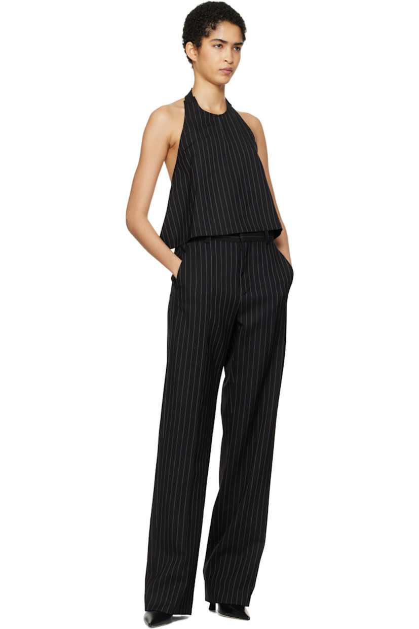 Wool twill top. Pinstripes throughout. 

· Pin-buckle halter strap at round neck
· Central seam at front
· Pin-buckle strap at open back
· Full viscose twill lining

Supplier color: Black pinstripe