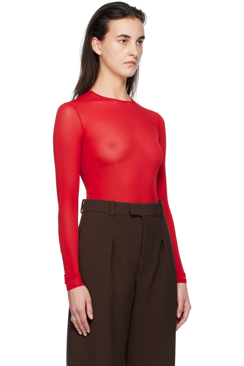 Semi-sheer stretch viscose jersey bodysuit. 

· Round neck
· Elasticized leg openings
· Press-stud fastening at bottom
· Partially lined

Supplier color: Red