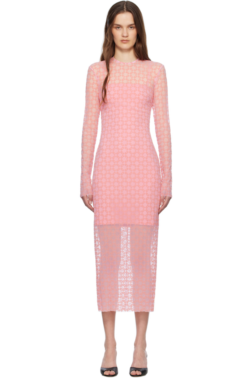 Stretch nylon tulle midi dress. Logo pattern flocked throughout.

· Round neck
· Raw edge at hem and cuffs
· Zip closure at back
· Removable stretch nylon jersey slip-style lining

Supplier color: Skin rose