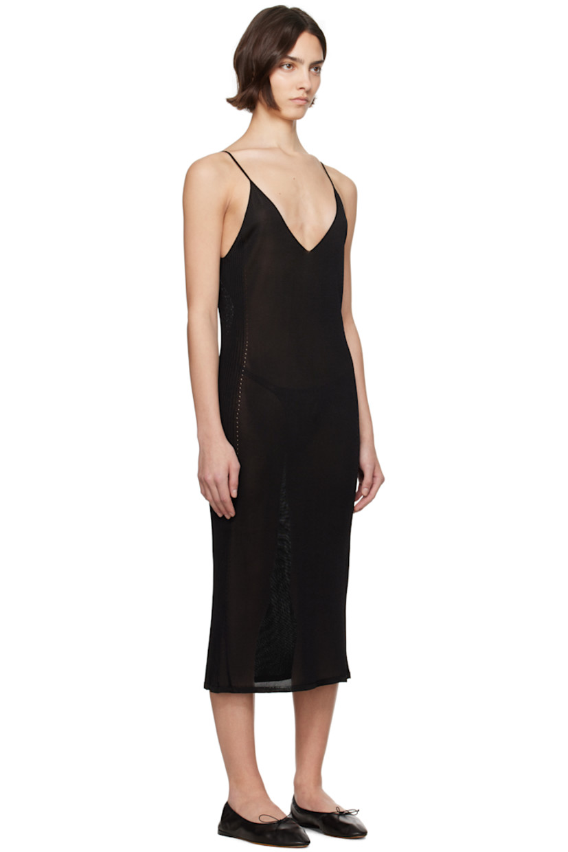 Semi-sheer knit viscose-blend midi dress. 

· Plunging V-neck
· Rib-knit trim and pointelle detailing at side seams
· Fixed spaghetti straps

Supplier color: Black