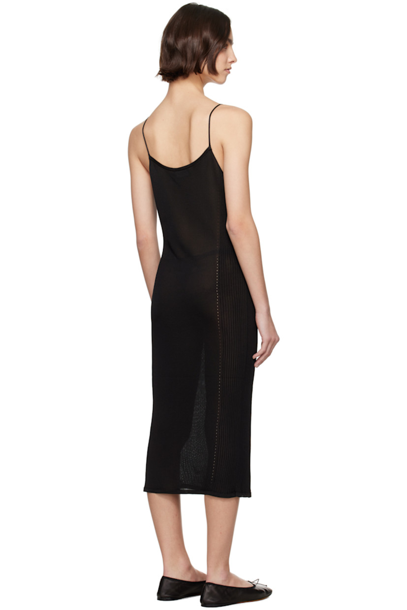 Semi-sheer knit viscose-blend midi dress. 

· Plunging V-neck
· Rib-knit trim and pointelle detailing at side seams
· Fixed spaghetti straps

Supplier color: Black
