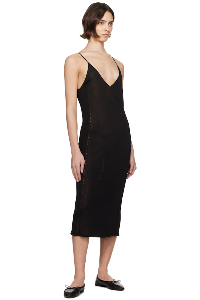 Semi-sheer knit viscose-blend midi dress. 

· Plunging V-neck
· Rib-knit trim and pointelle detailing at side seams
· Fixed spaghetti straps

Supplier color: Black