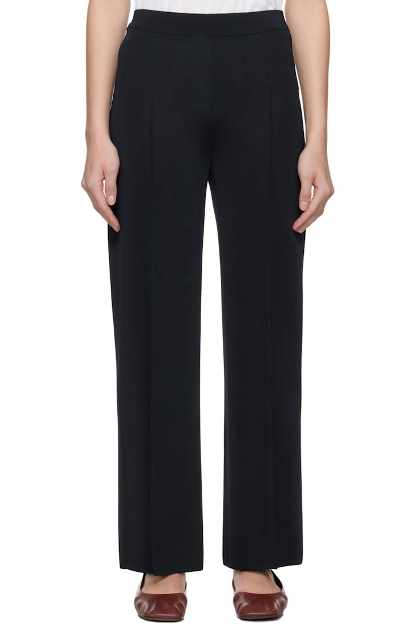 Knit viscose-blend trousers. 

· Elasticized waistband
· Pinched seam at legs
· Mock welt pockets at back 

Supplier color: Navy