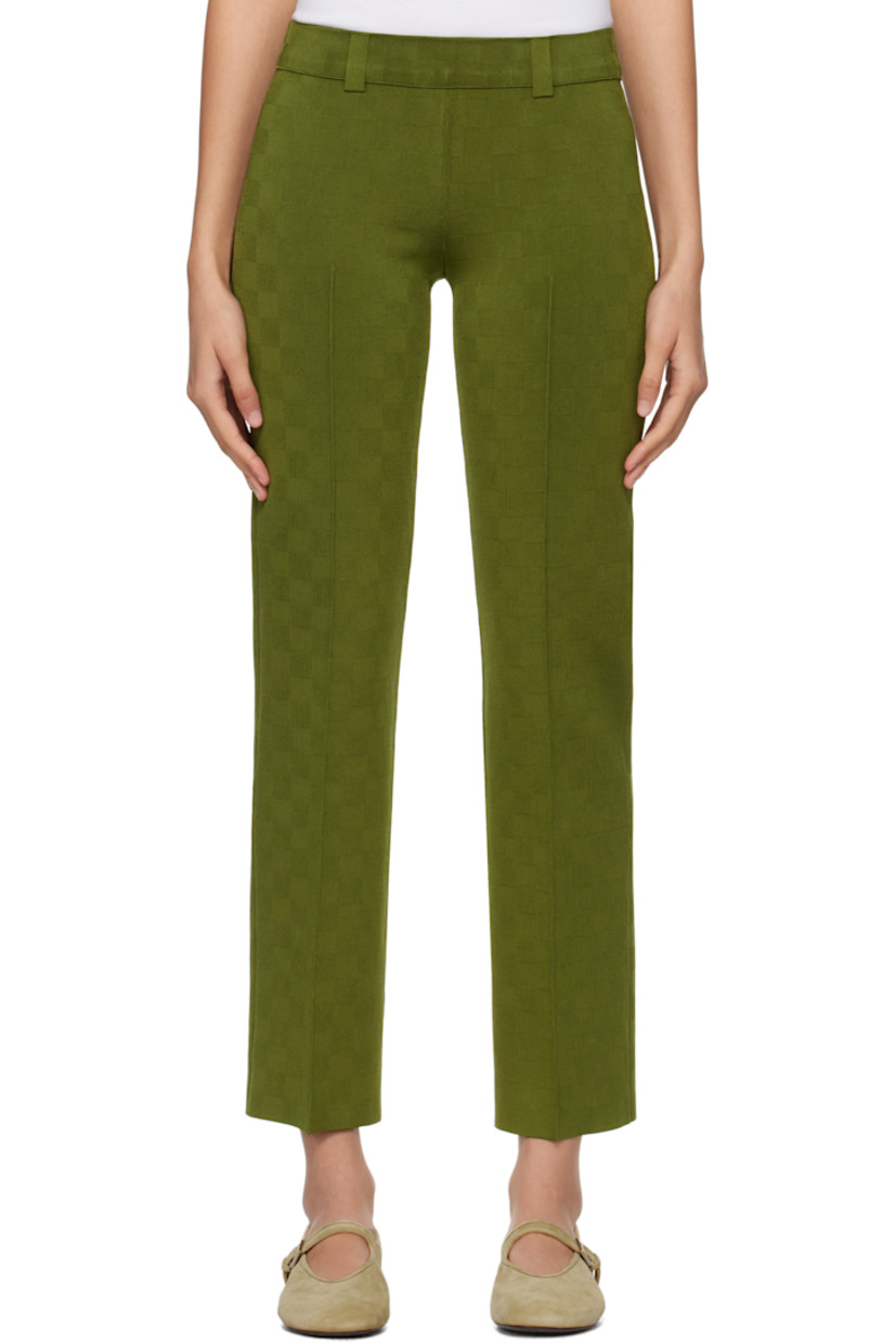 Knit stretch viscose-blend trousers. Subtle jacquard check pattern throughout.

· Belt loops at elasticized waistband
· Pinched seam at legs
· Mock welt pockets at back

Supplier color: Moss