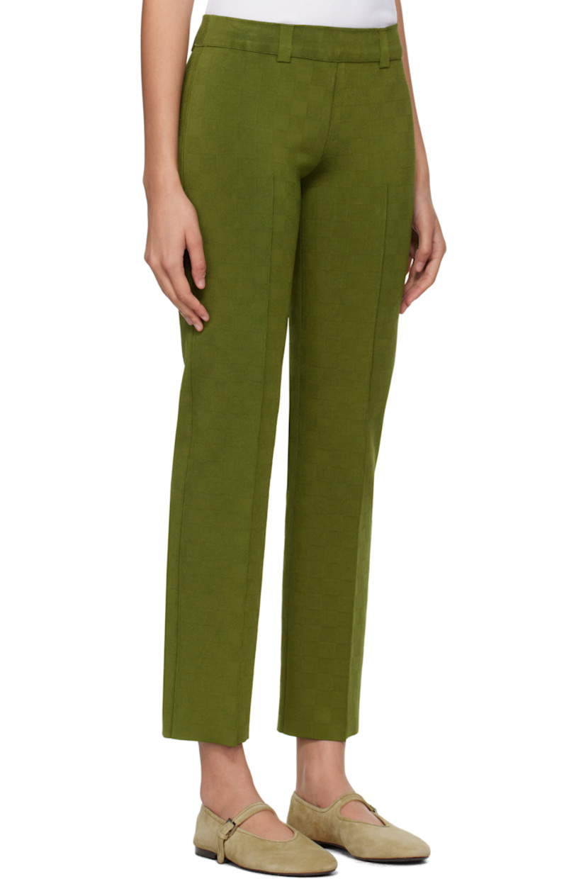 Knit stretch viscose-blend trousers. Subtle jacquard check pattern throughout.

· Belt loops at elasticized waistband
· Pinched seam at legs
· Mock welt pockets at back

Supplier color: Moss