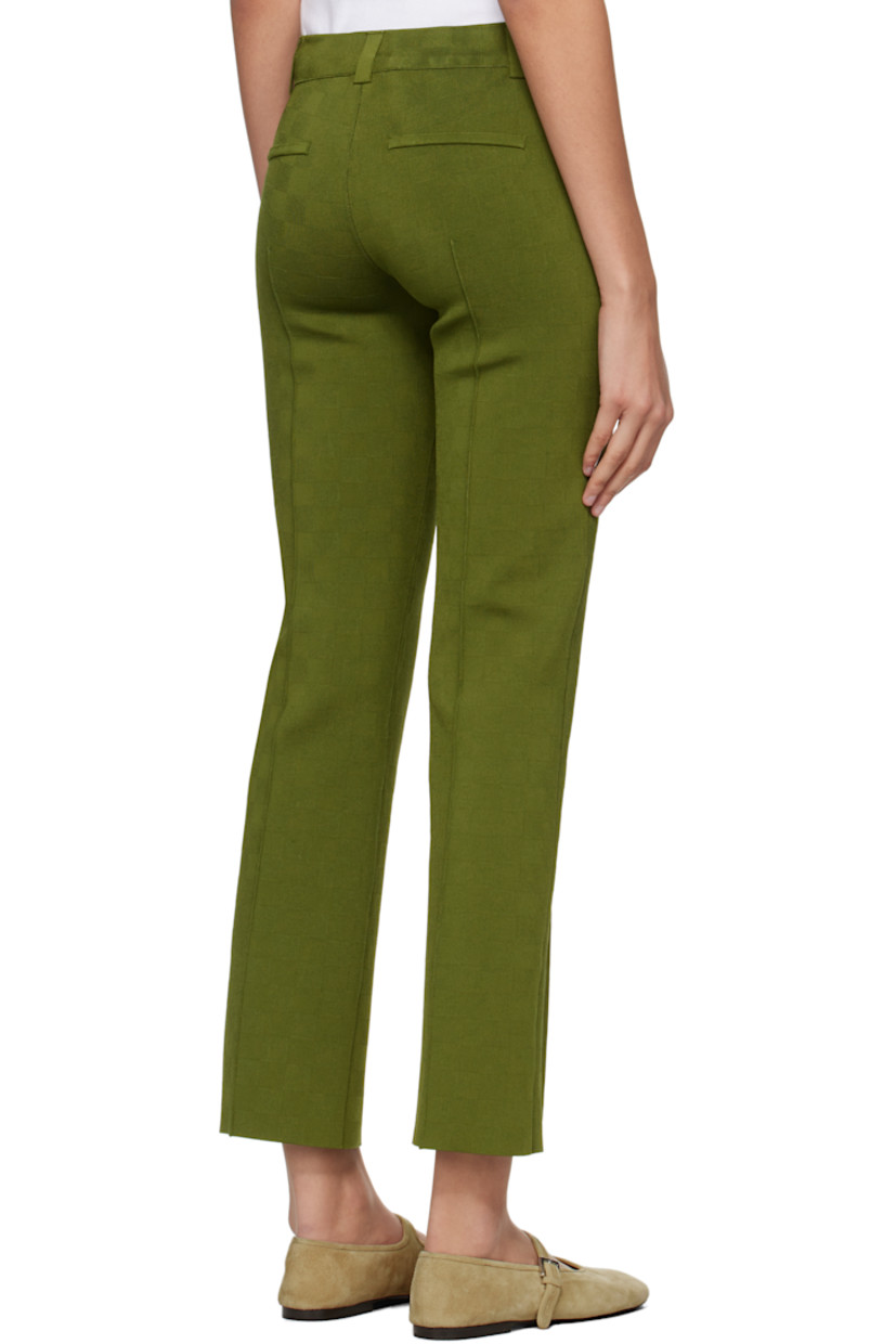 Knit stretch viscose-blend trousers. Subtle jacquard check pattern throughout.

· Belt loops at elasticized waistband
· Pinched seam at legs
· Mock welt pockets at back

Supplier color: Moss