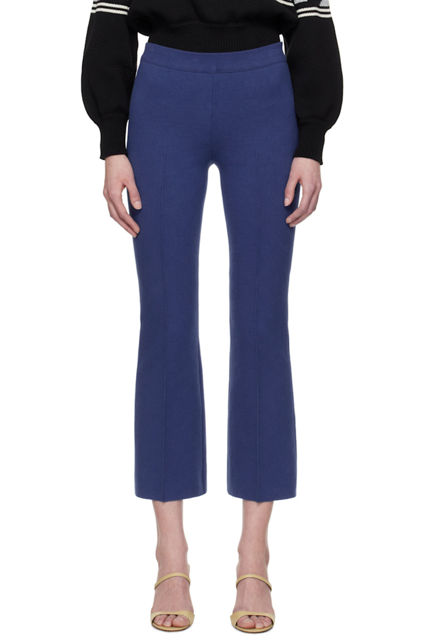 Flared knit stretch cotton-blend trousers. Subtle jacquard check pattern throughout.

· Elasticized waistband
· Pinched seams at front and back
· Cropped cuffs
· Mock welt pockets at back

Supplier color: Royal blue