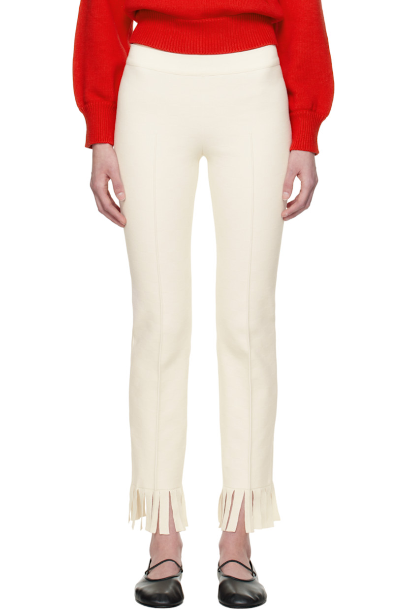Knit stretch cotton-blend trousers. Subtle jacquard check pattern throughout.

· Elasticized waistband
· Pinched seams at front and back
· Fringe at cropped cuffs

Supplier color: Ecru