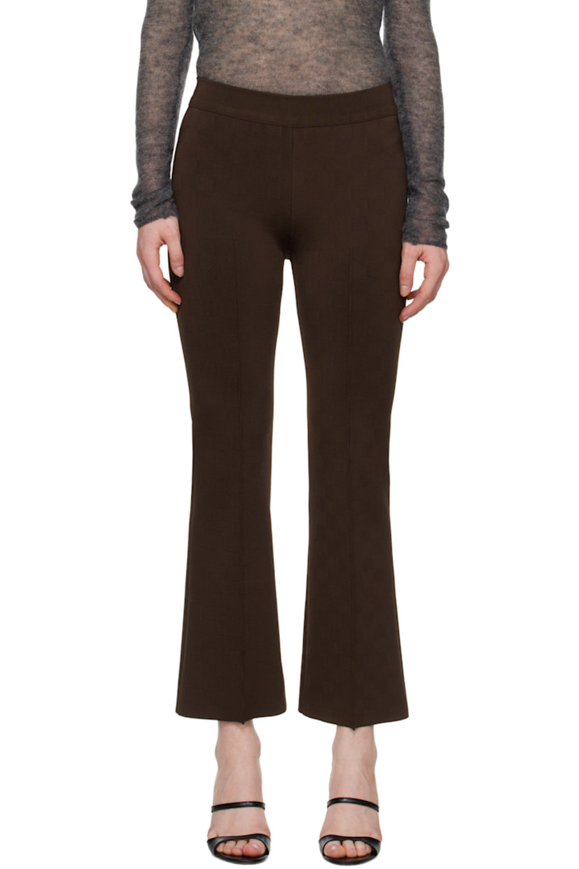 Flared knit stretch viscose-blend trousers. Subtle jacquard check pattern throughout.

· Elasticized waistband
· Cropped legs
· Pinched seams at front 
· Mock welt pockets at back

Supplier color: Chocolate