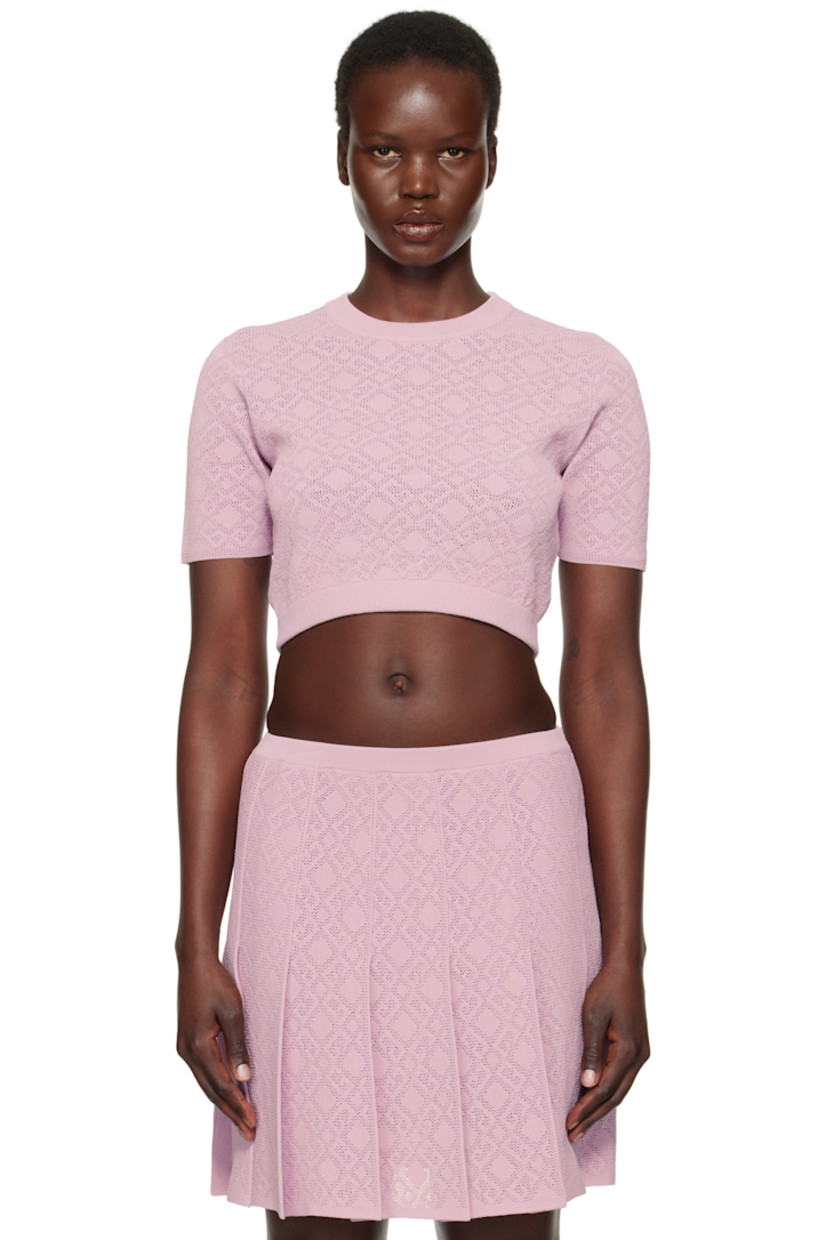 Semi-sheer pointelle-knit viscose- and nylon-blend sweater. 

· Jacquard logo graphic pattern throughout
· Rib-knit crewneck and cropped hem 

Supplier color: Parma