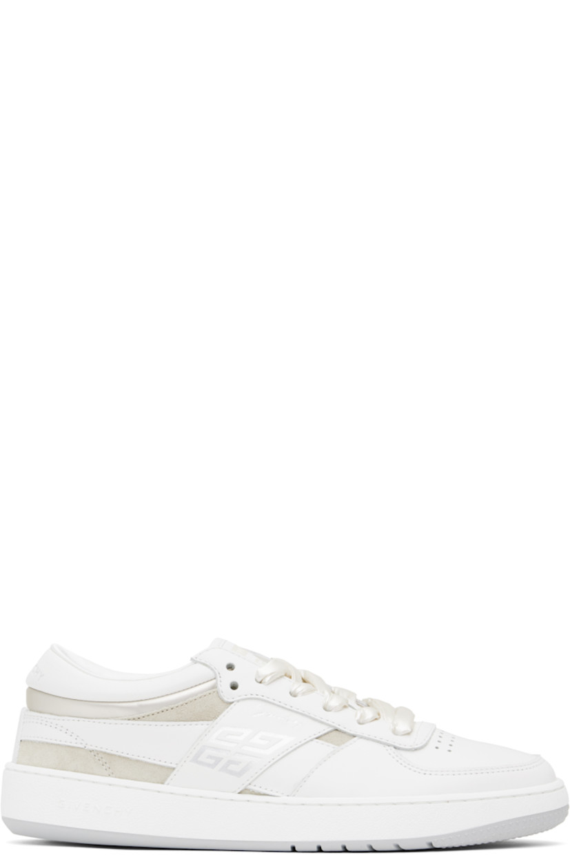Low-top buffed calfskin, laminated calfskin, and suede sneakers in white and beige.

· Perforated detailing at toe 
· Lace-up closure
· Logo patch at padded tongue
· Padded collar
· Logo and text embossed at outer side
· Logo embossed at heel tab
· Webbing trim at heel counter
· Suede and satin lining
· Logo embossed at textured rubber midsole
· Treaded rubber sole

Supplier color: White/Beige