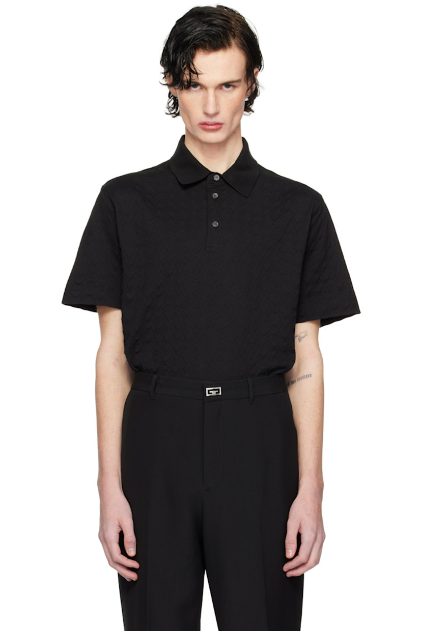 Cotton piqué polo. Jacquard logo pattern throughout. 

· Rib-knit spread collar
· Three-button placket
· Tennis-tail hem

Supplier color: Black